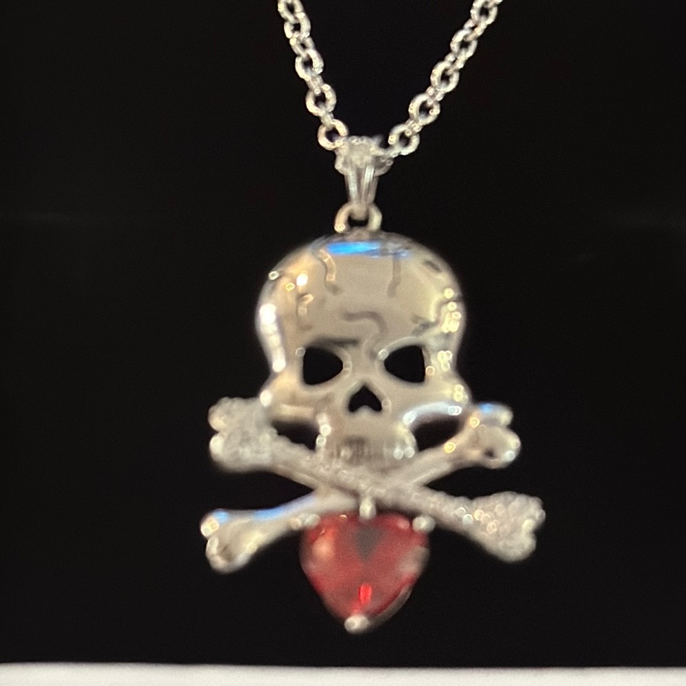 Silver Skull Necklace with Red Heart Pendant